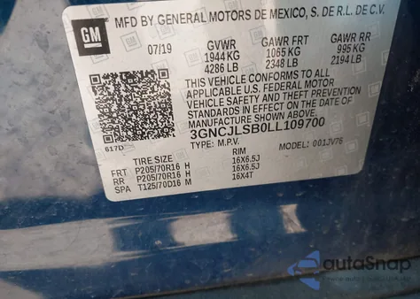 2020 Chevrolet Trax Fwd Lt из США, поврежденный, VIN 3GNCJLSB0LL109700